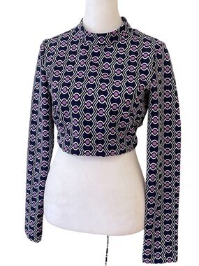 Zara Navy and Purple Geometric Print Long-Sleeve Crop Top Sz S Open Tie Back